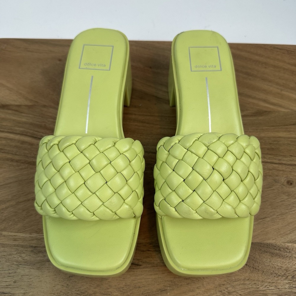 Womens Dolce Vita Goldy Green Faux‎ Leather Braided Slip On Heels Sandals Size 8 - Picture 6 of 8